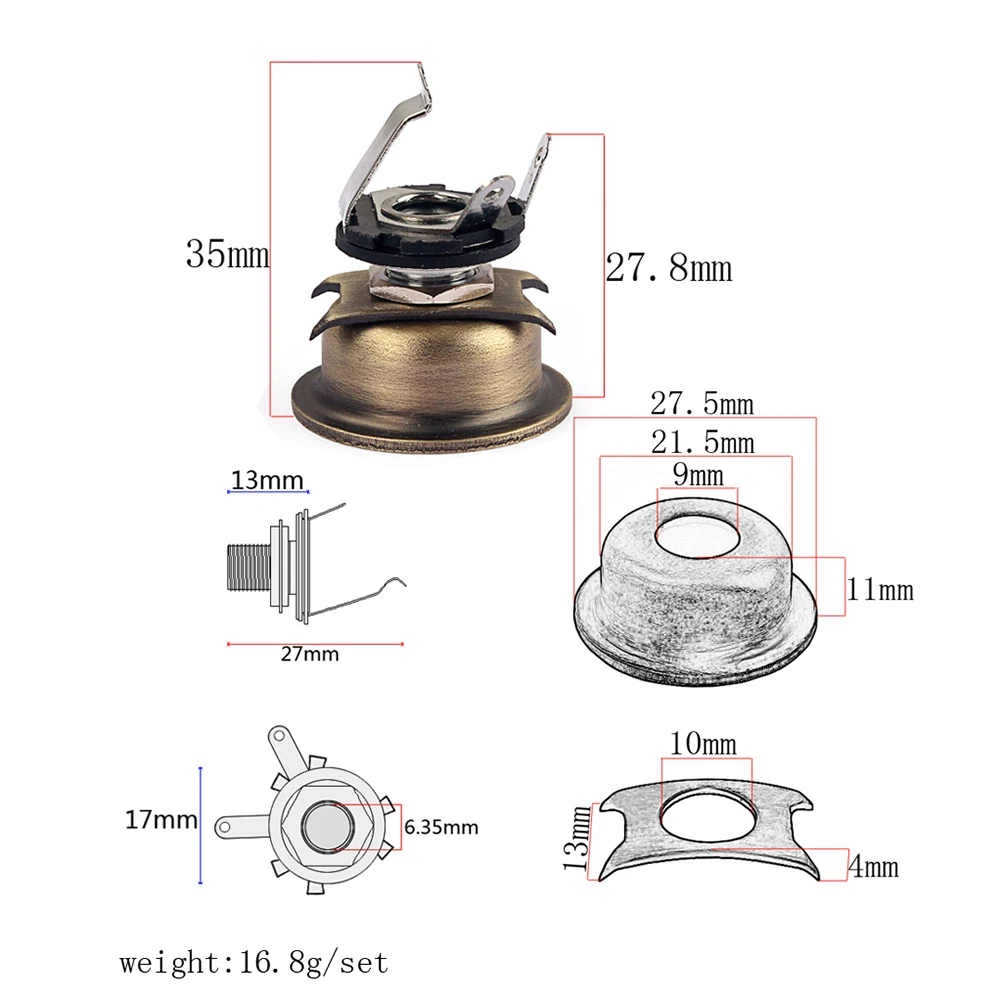 

1 pc 6.35Mm 1/4" Guitar Output Jack Socket Brass Copper Body Chrome Nut Glossy Finish Stereo Connector For Electric Bass