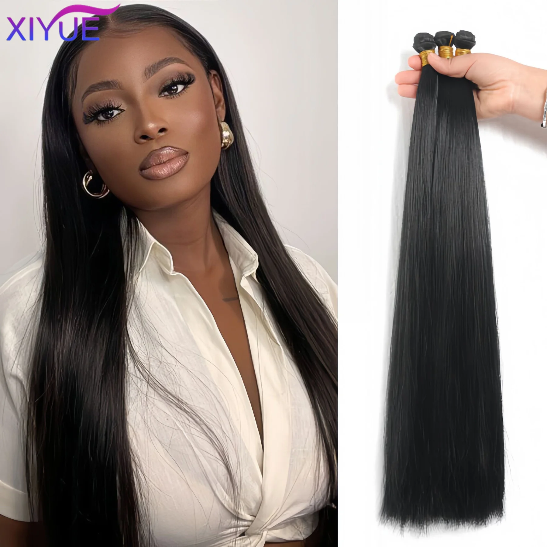 

XIYUE synthetic Straight Hair Brazilian Straight Weave Bundles Natural Black Bundles Remy Hair Double Weft Bulk Braiding Hair