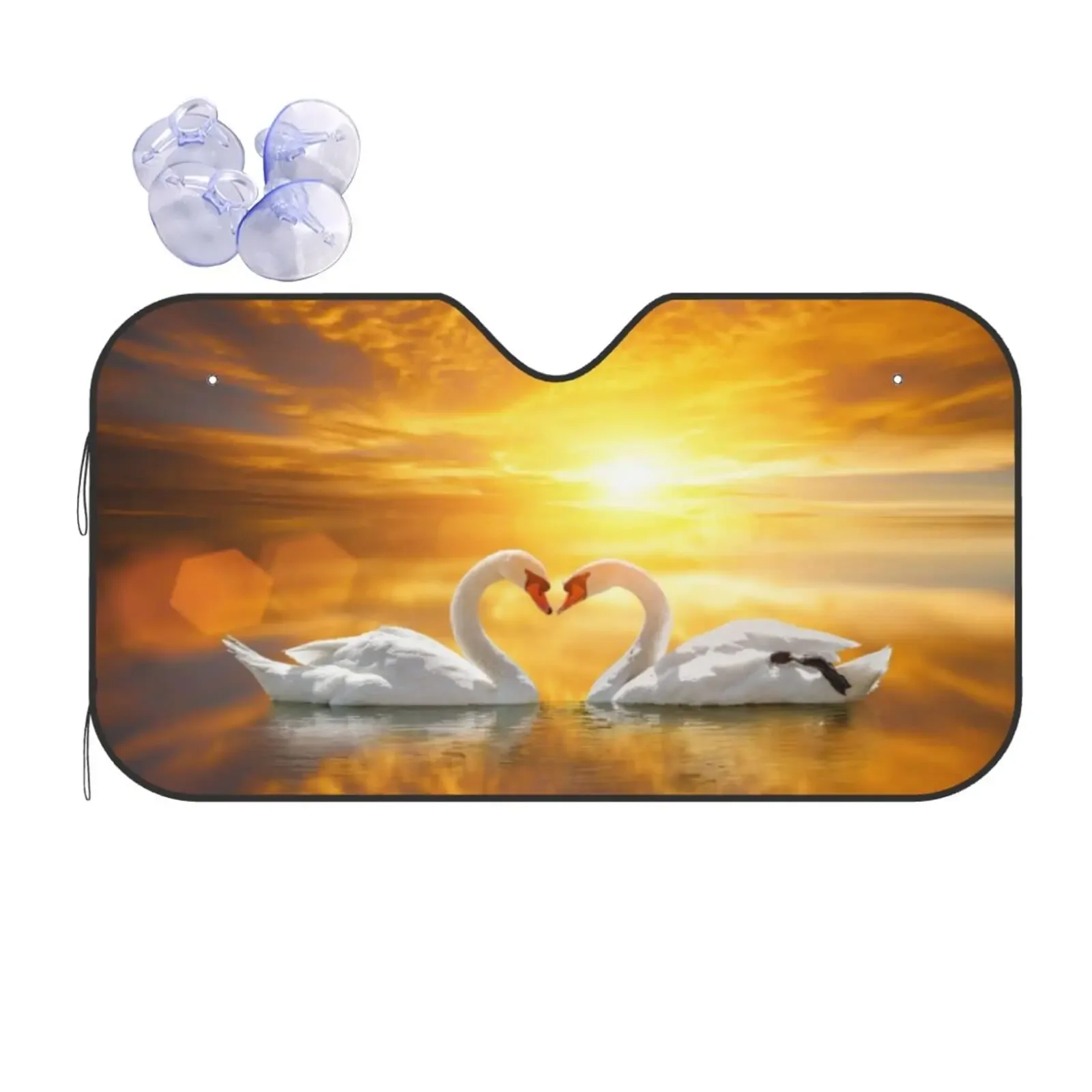 Universal Car Windshield Sunshade,Couple in Love White Swan in Heart Shape On Lake Sunset Sun Shield Protector Foldable