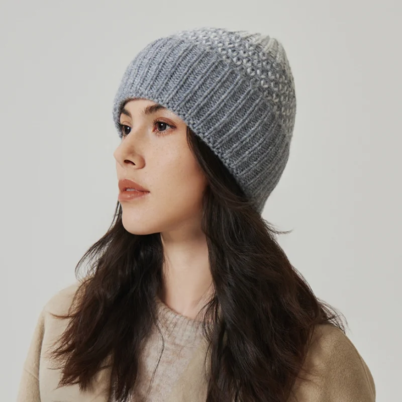 Winter women's casual solid color splicing 100% wool warm knitted hat