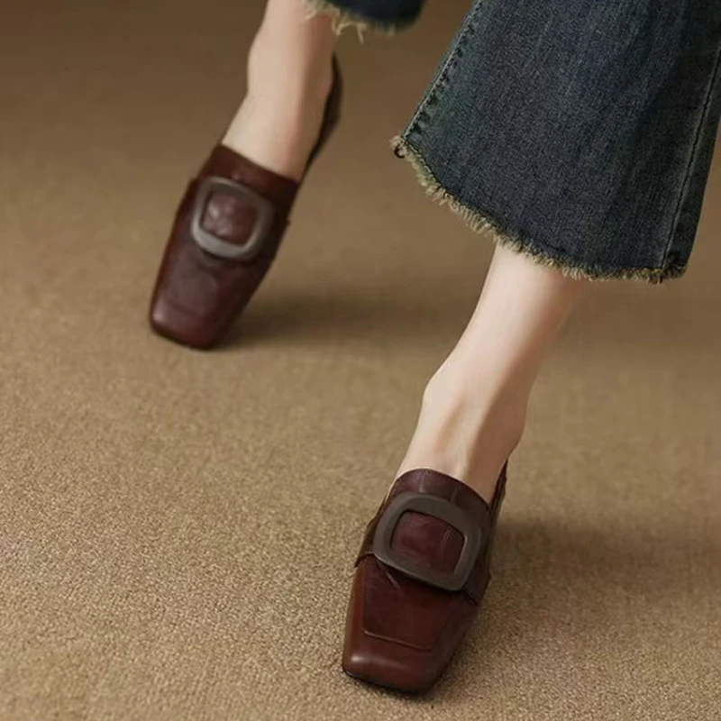 Fashion Square Buckle Designer Ladies Shoes 2026 Spring Retro Solid Color Casual Shoes Daily Office Shopping Ladies High Heels