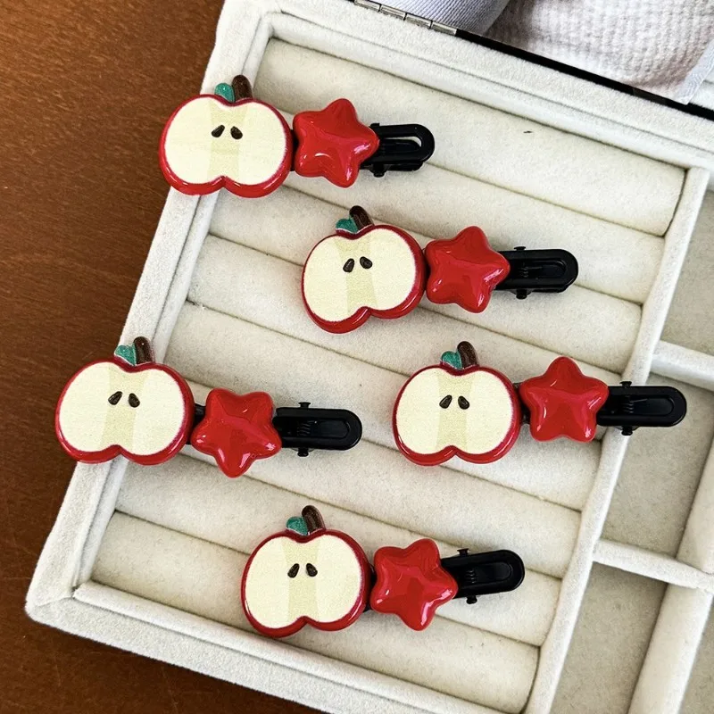 Cute Red Apple Star Hairpin for Girls Trendy Hair Accessories Duckbill Fruit Hair Clip Side Bangs Hair Pins Children Headwear