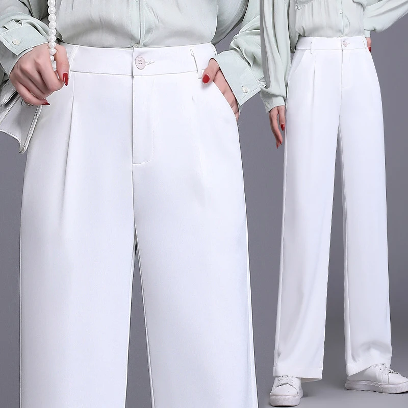 

White narrow wide-leg pants for women, high-waisted, drapey, summer thin style, straight loose casual petite floor-length suit p