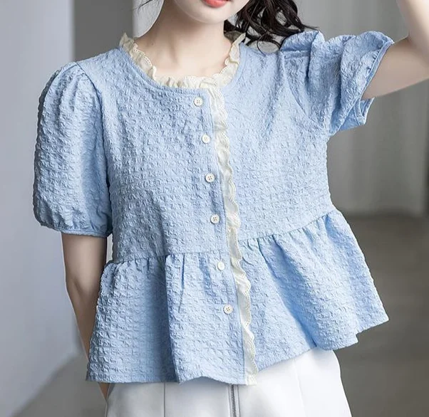 Bubble Sleeve Chiffon Top Women\'s Summer Fashion New Short Sleeved Design Sense Niche Short Top French Doll Shirt