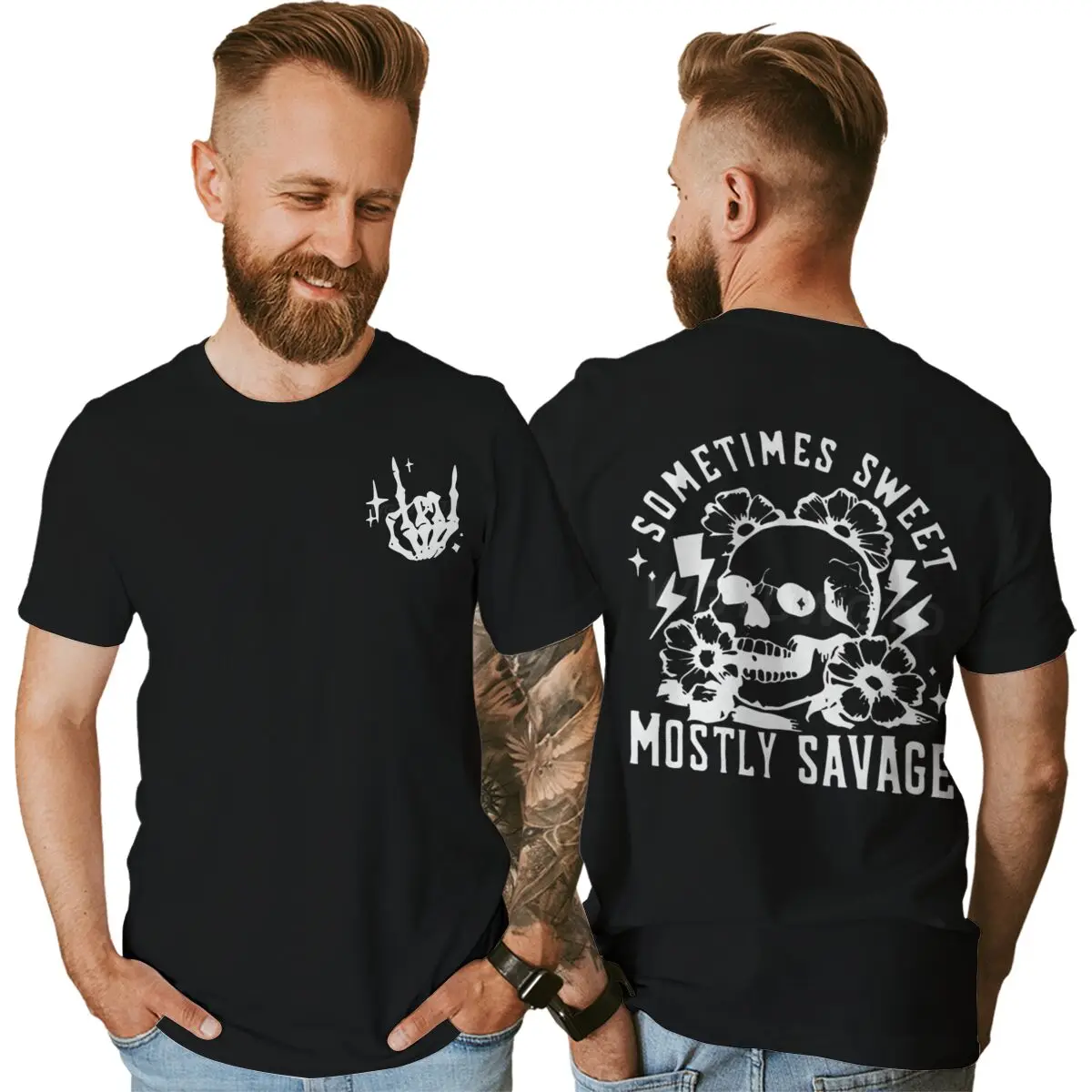 “Sometimes Sweet Mostly Savage” Skull & Floral Front & Back Graphic Tee Men Women Vintage Short Sleeve Streetwear