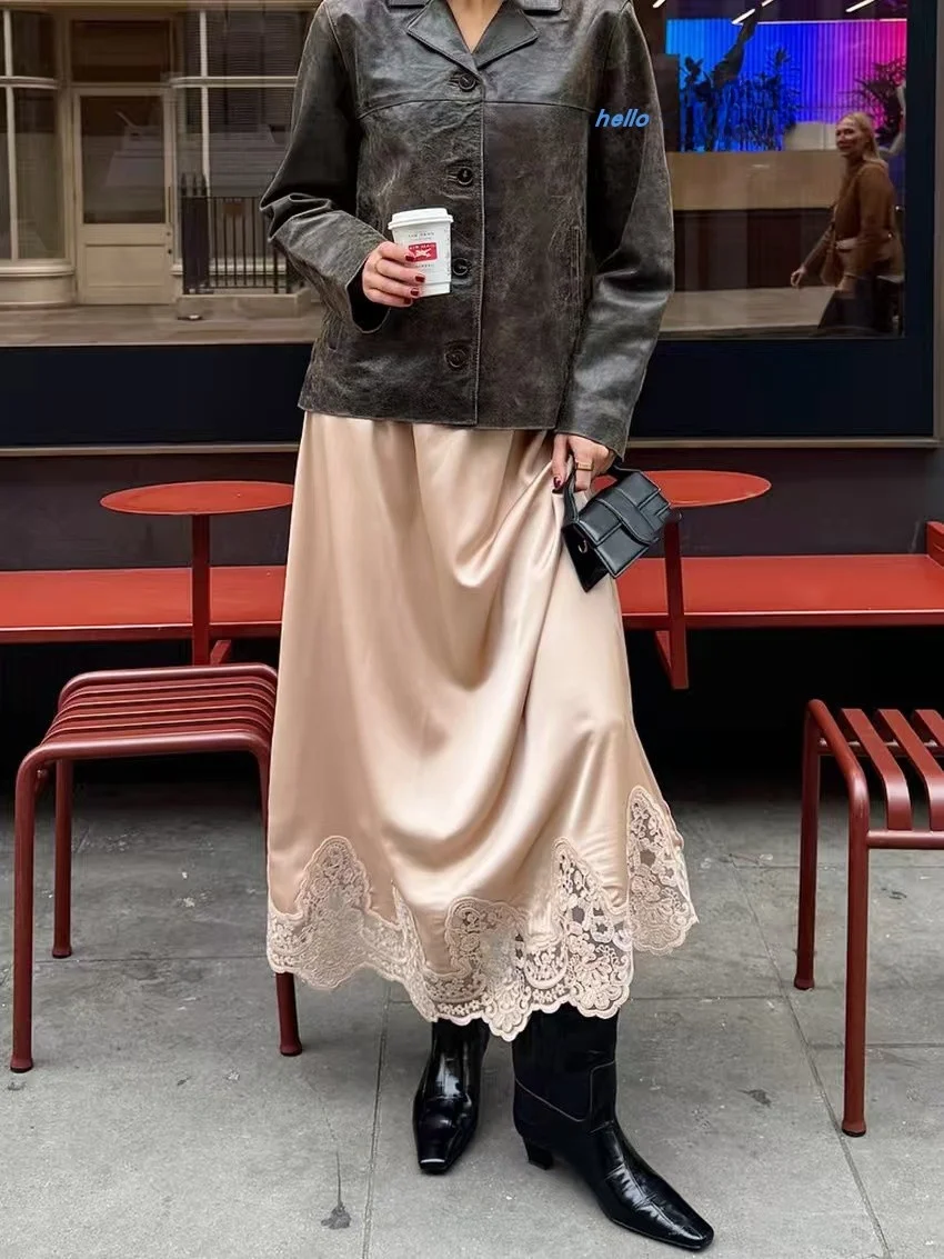 

New Splicing Lace f Skirt Straight Tube Versatile High Waist Polyester Fabric Elastic Waist for Ladies Winter Collection