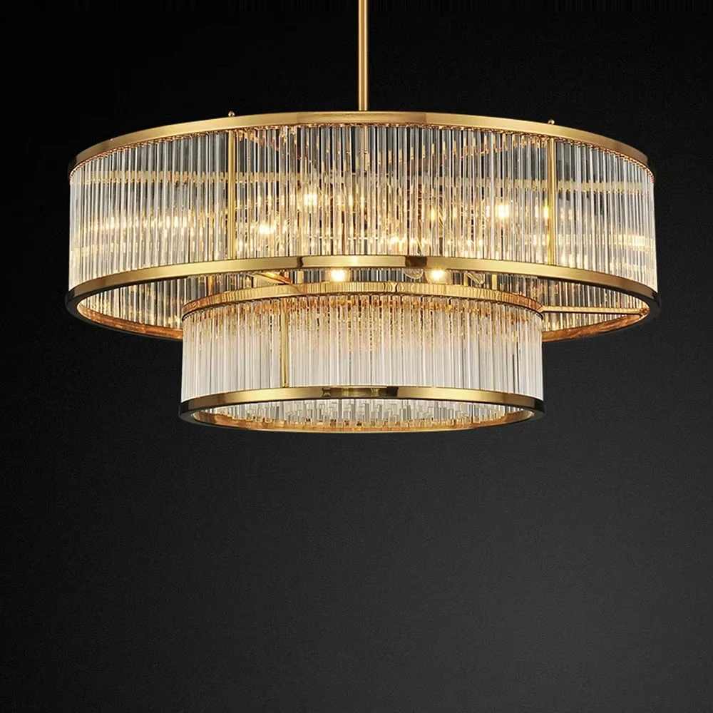 Copper Golden Crystal Chandelier Luxurious Shiny Round Linear Pendant Lights For Dinning Room Living Room Bedroom LED Chandelier