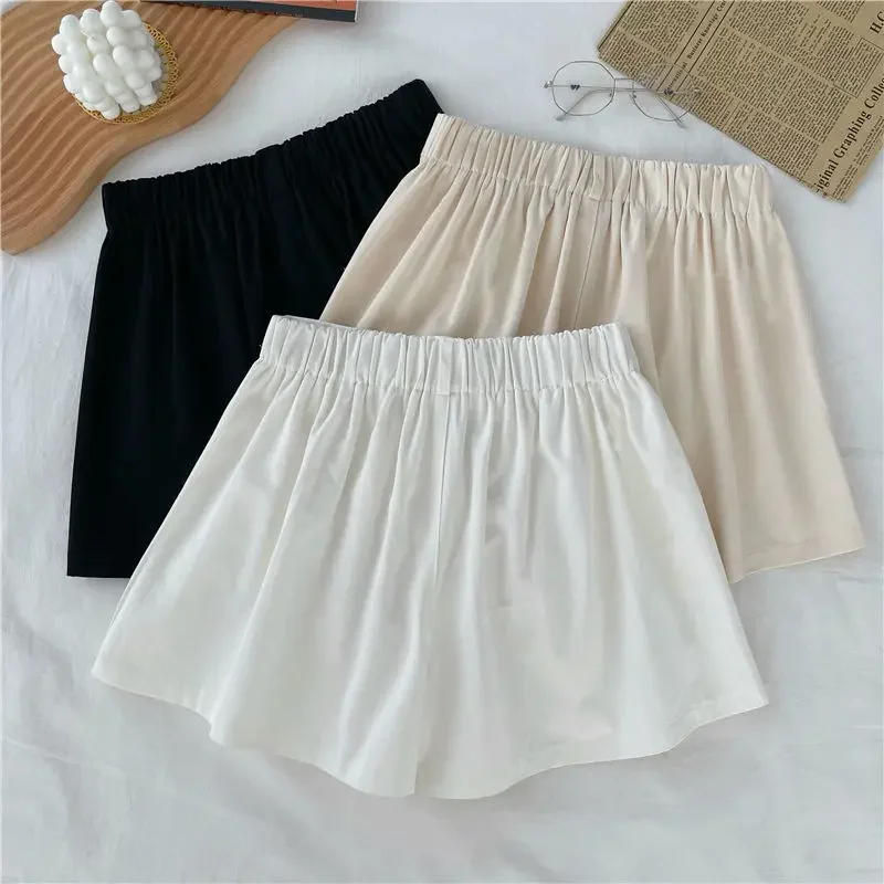 Mulheres sólido shorts cintura elástica perna larga plissado elegante estilo coreano all-match simples temperamento diário adorável estudante