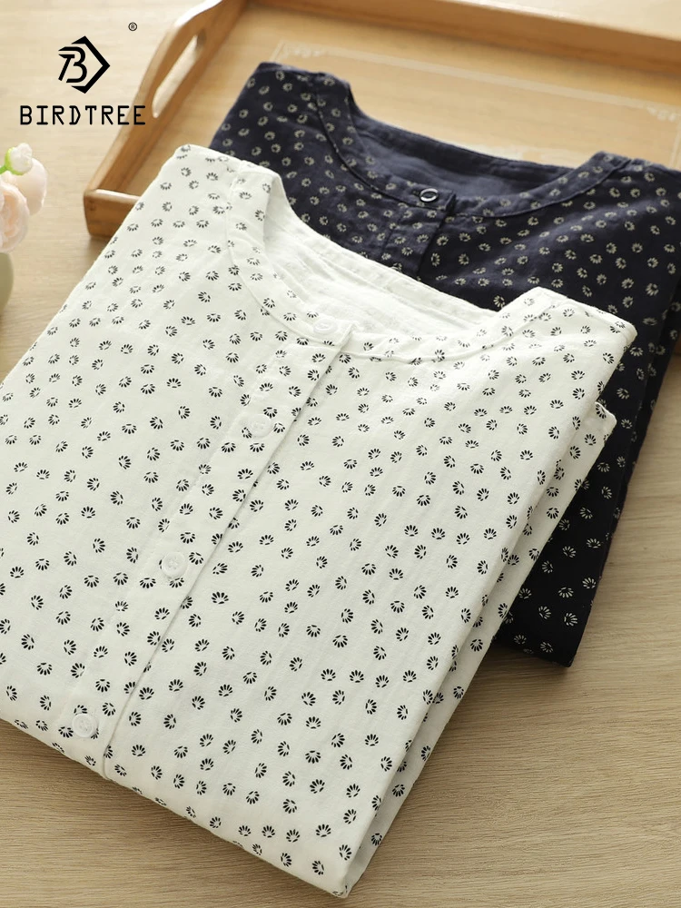 

New 2026 Spring Women Cotton Yarn Lantern Sleeve Shirt, O Neck Floral Print, Mori Girl Fshion Comfortable Loose Blouse T62324CC