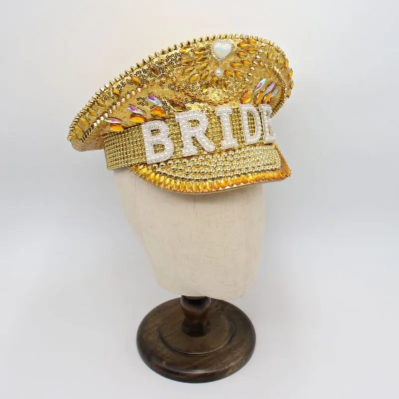 

Performance Bachelorette Luxury Rhinestone Sailor Military Cap With Gold Rivet Golden Queen Sequin Burning Party Captain Hat