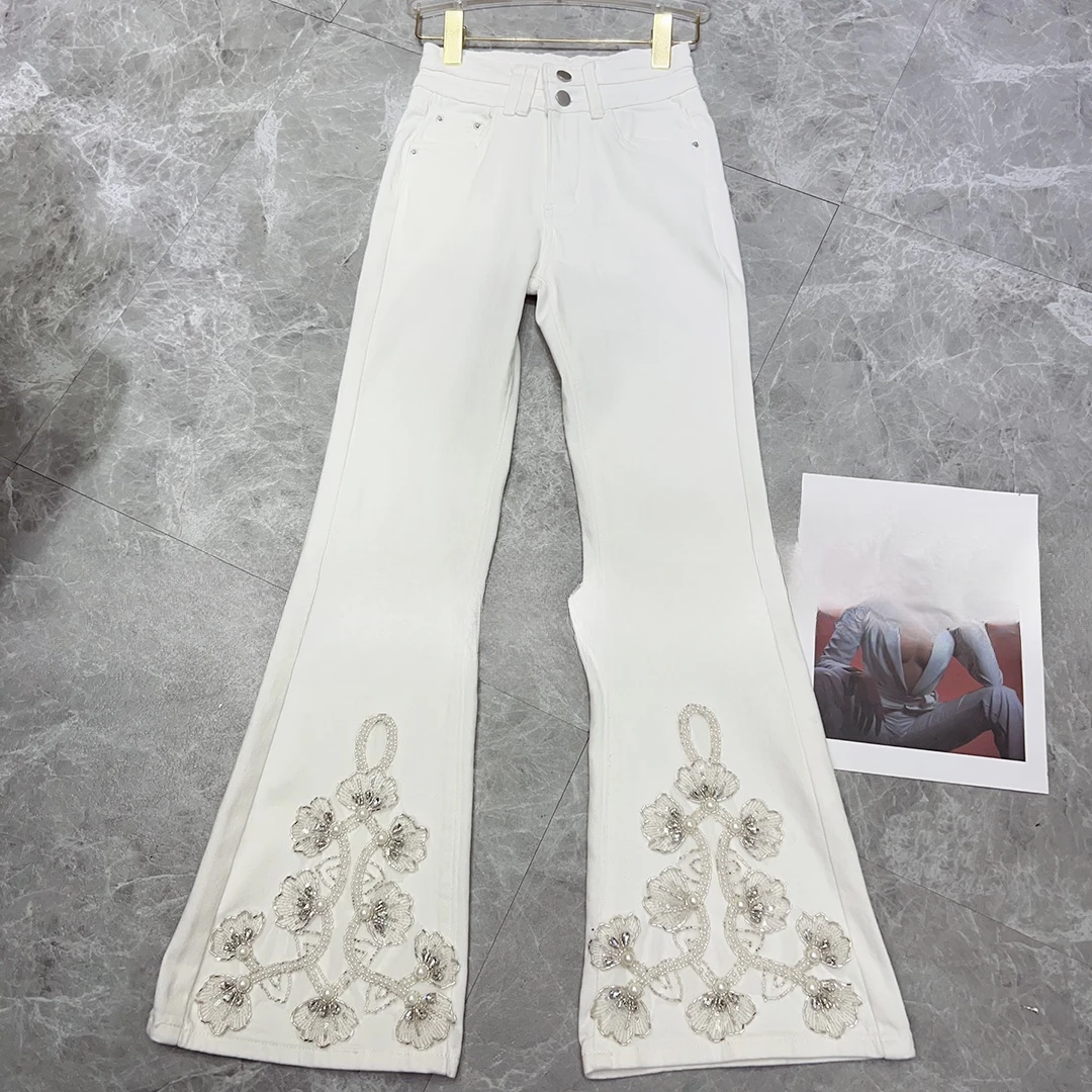 Ladies 2024 Autumn Winter New Bead Embroidered Hem Design Jeans Slim High Waist Elastic Denim Pants White Flared Denim Trousers