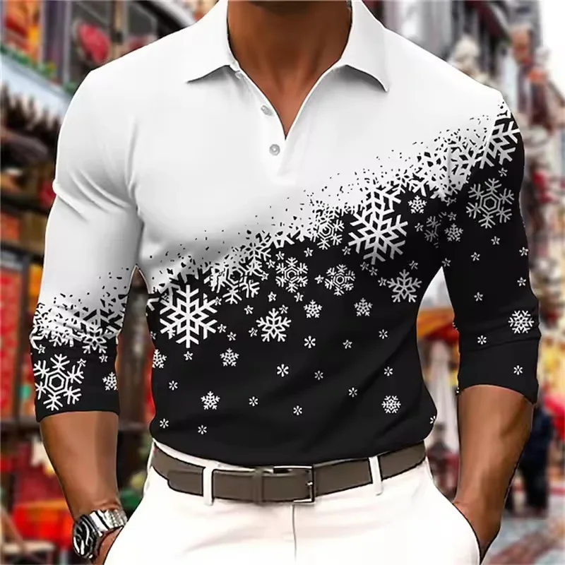 

Christmas Snowflakes Print Men's Polo Shirts Casual Loose Lapel Long Sleeve T-Shirt Fashion New Year's X'mas Clothing Autumn Top