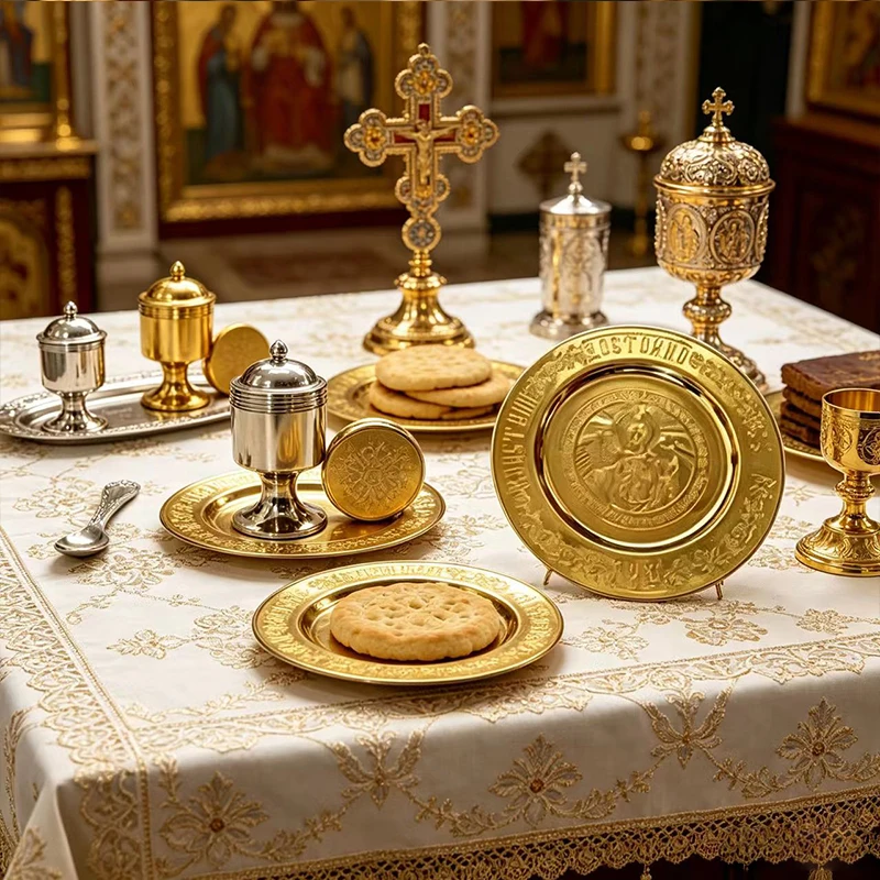 Orthodoxes Altar-Set Gold Silber Metall-Ikonenplatte und Heiliges Ölgefäß mit Löffel für Kirchenbedarf Byzantinisches Religiöses Geschenk – Detail 2