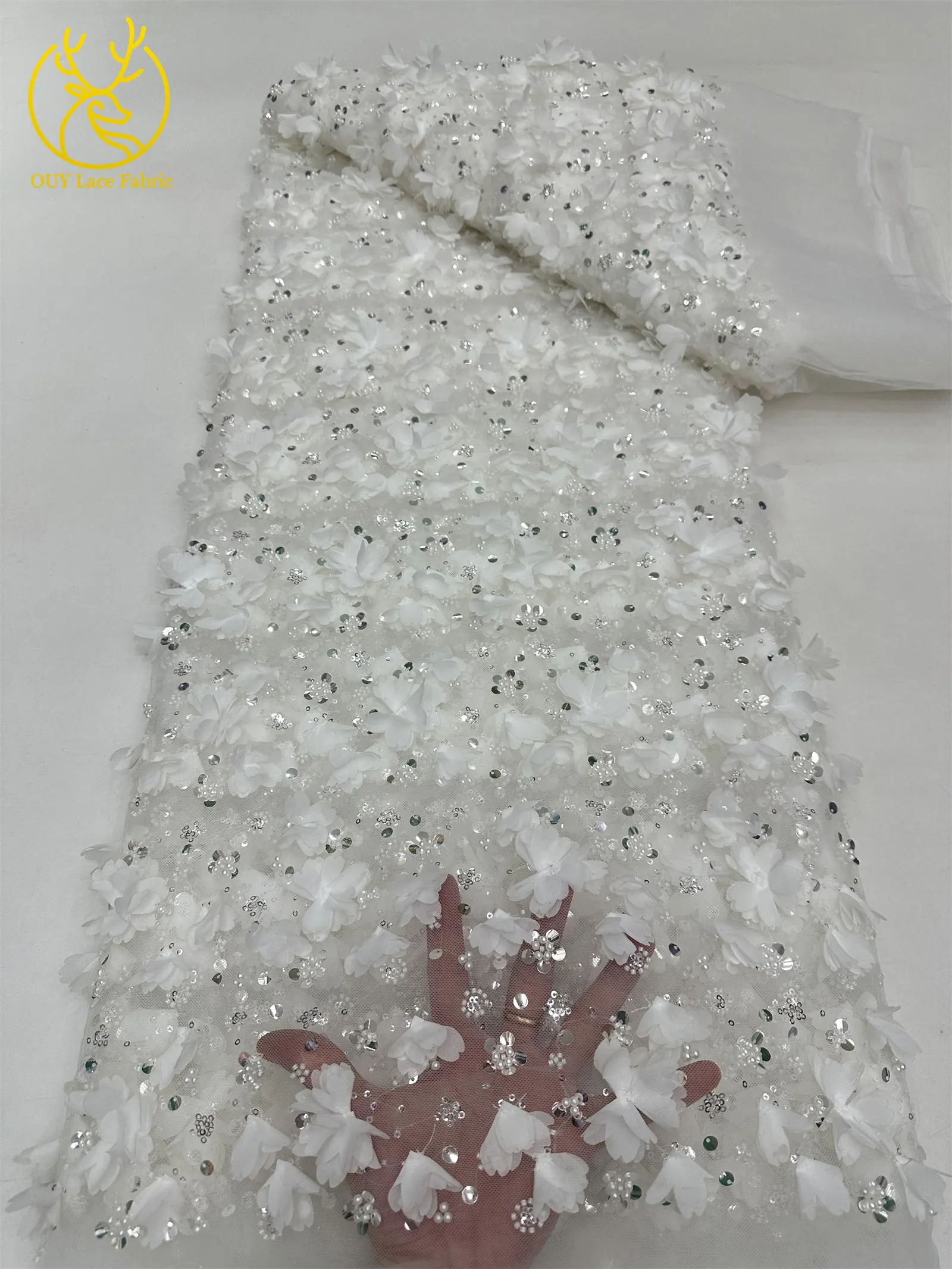 ثلاثية الأبعاد زهرة الدانتيل الأفريقي مطرز الترتر شبكة نسيج الدانتيل الفرنسية رائعة التطريز نسيج عالي الجودة فساتين حفلات الزفاف