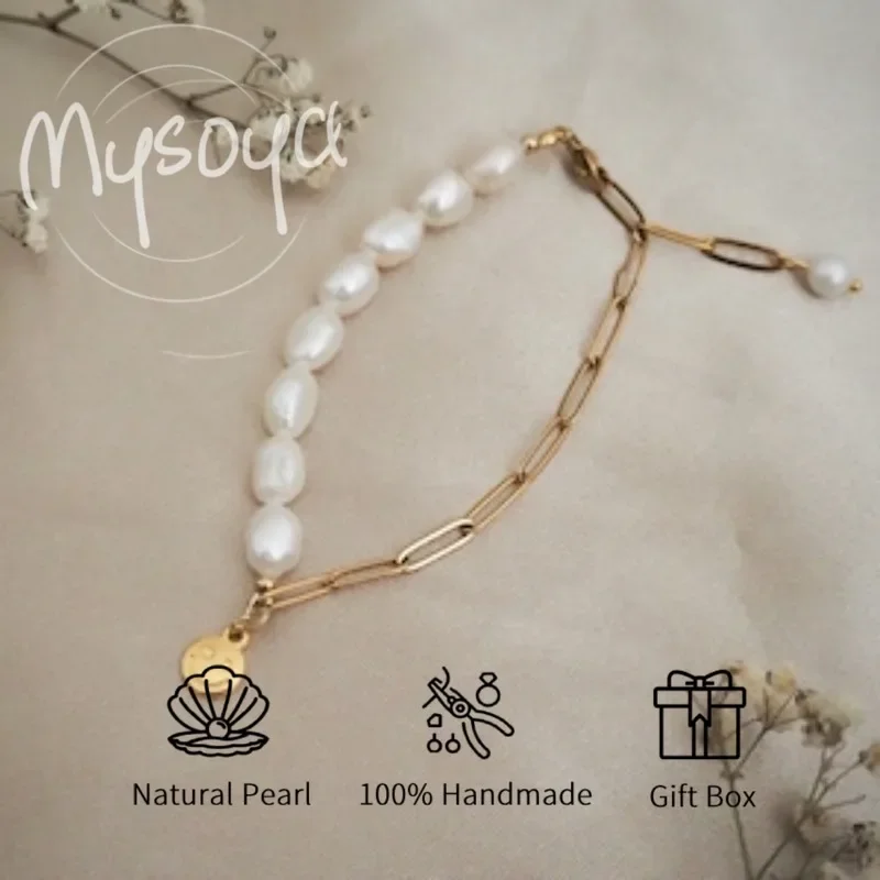 

MYSOYA Белый браслет из пресноводного жемчуга в стиле барокко 7-8 мм с подарочной коробкой для нее/его дня рождения/свадьбы/Рождества/новогоднего подарка