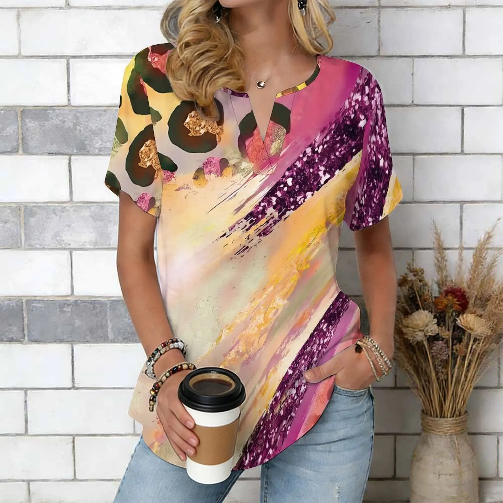 Women Print Notched V Neck Short Sleeve Casual Loose Tunic Tops