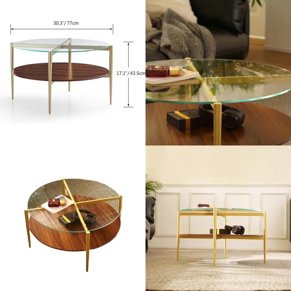 

Mid-Century Modern Round Coffee Table with Clear Glass and Walnut Top, Gold Legs