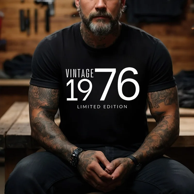 Mens Crew Neck Short Sleeve T Shirt Vintage 1976 Limited Edition Graphic Tee Classic Born Year Casual Mens Tops For Gift Wear