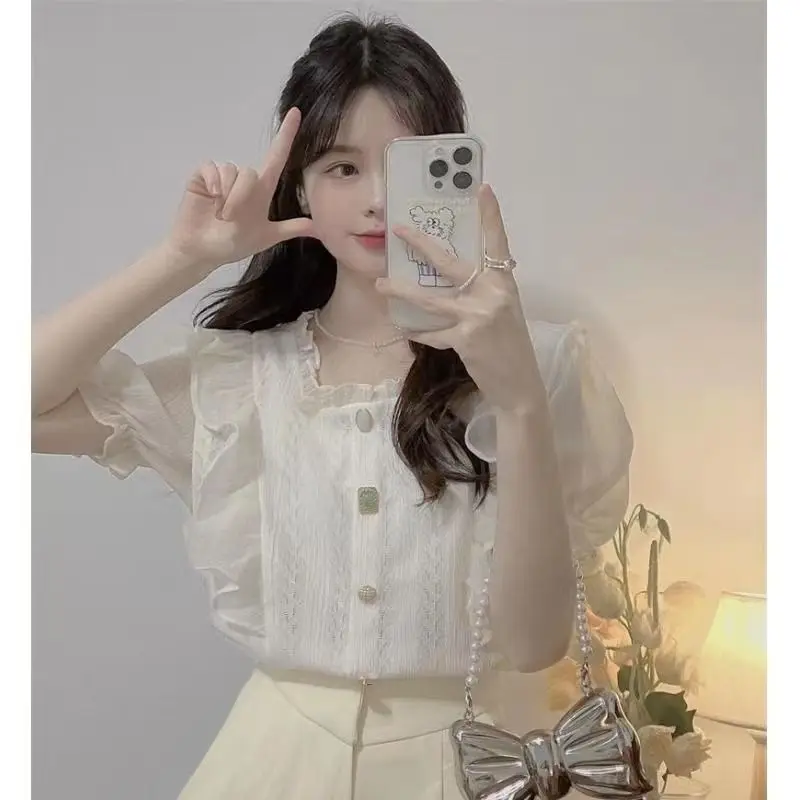 Women Summer Casual Fashion Slim Ruffles Sweet Square Collar Short Sleeve Shirts Women Clothes Casual All-match Appear Thin Tops