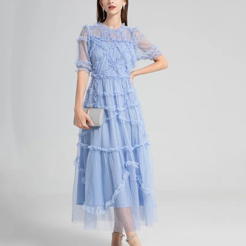 

Spring And Summer New Short Sleeve Round Neck Mesh Multi-Layer Ruffles DressPolka Dot Bohemian Holiday Women's Wear