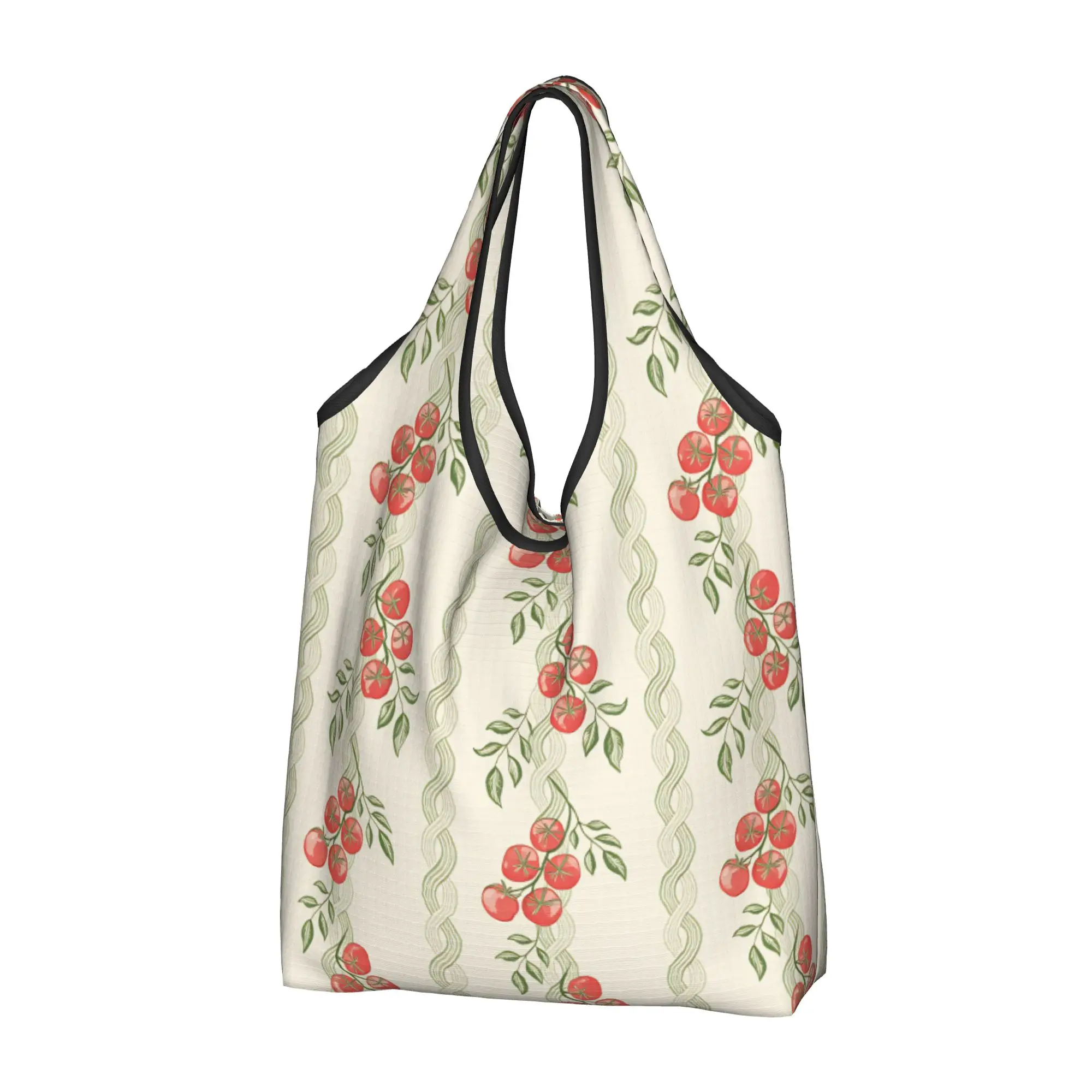 Recycling Mediterranean Tomatoes Shopping Bag Women Tote Bag Portable Green Striped Pattern in Watercolors  Grocery Shopper Bags