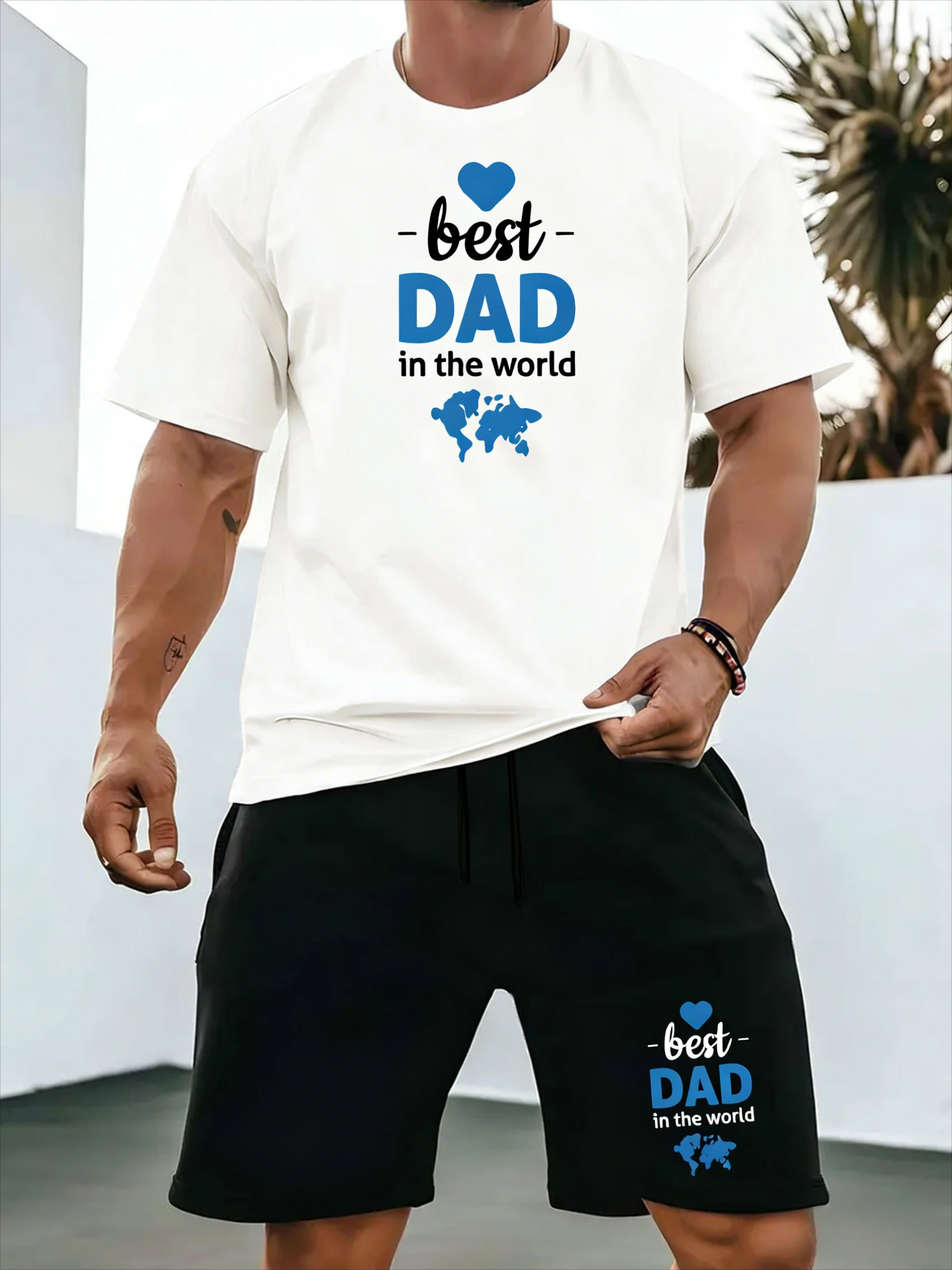 

Новый летний мужской повседневный спортивный комплект, футболка с круглым вырезом и короткими рукавами + шорты, трикотажная ткань, принт "Лучший папа в мире"