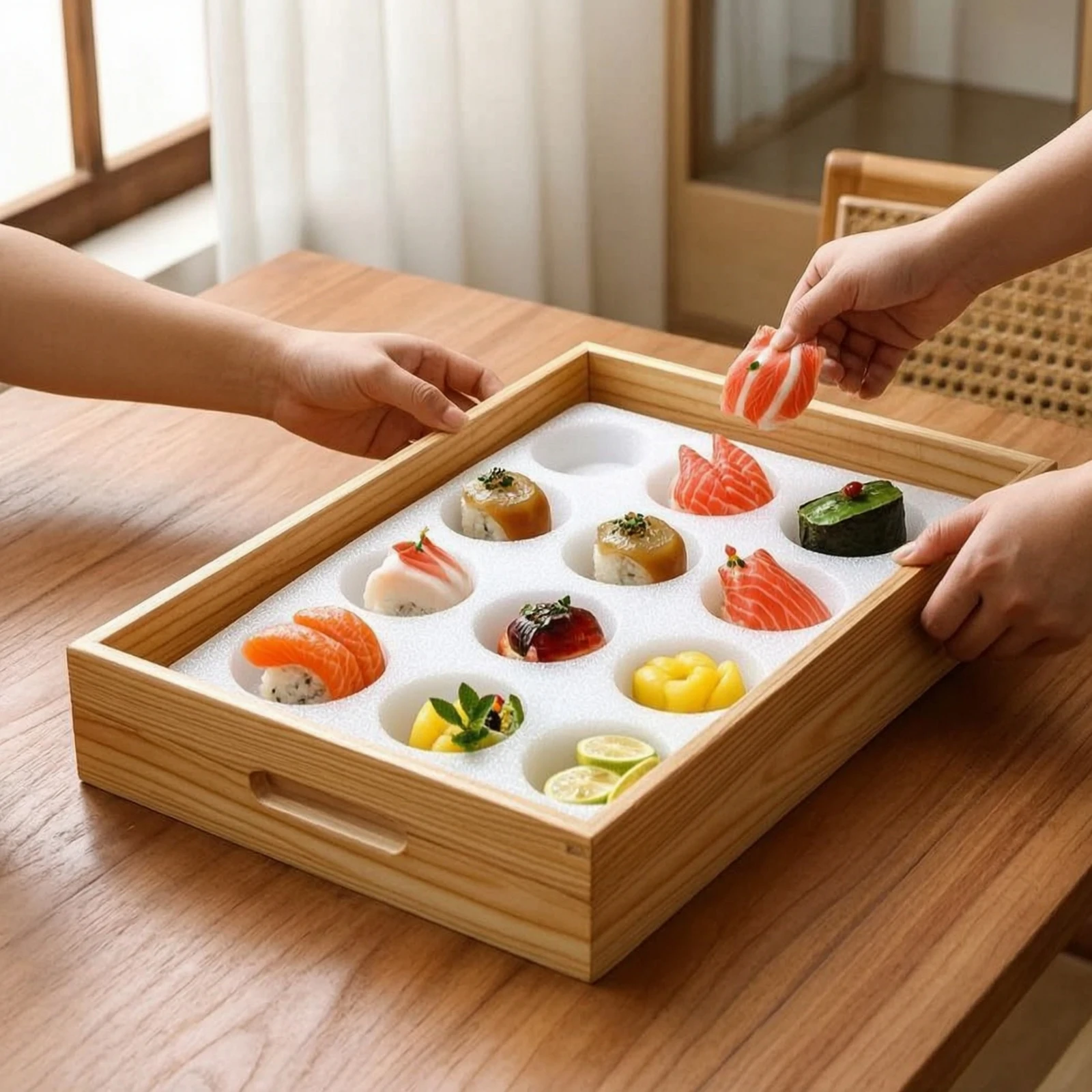Plateau de service avec insert, facile à nettoyer, en bois, profil bas, durable, pour les traiteurs et les réceptions à domicile