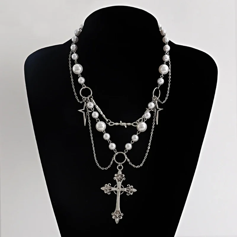 Victorian Gothic Rosary Necklace With Chain Charm Handmade Sacred Pearl Beaded Necklace Layered Necklace