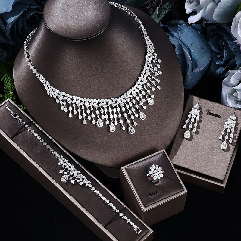 

Deluxe Dubai Nigeria Wedding 4-piece Bridal Zirconia Full Women's Party Jewelry Set