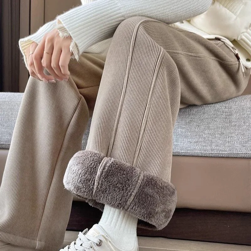 Winterhosen für Mädchen, warme, dicke Samthose, Retro-Mode, hohe Taille, koreanische, einfarbige Fleece-Thermohose für Damen