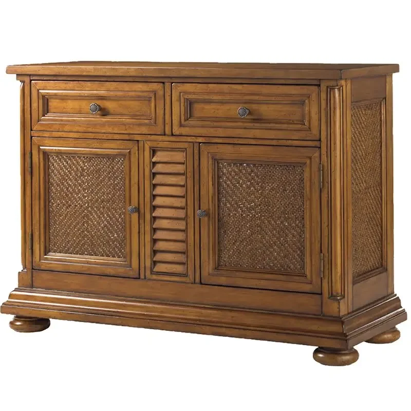 

FG44American Country Retro Distressed Double-Door Sideboard Cabinet Light Brown Classical Antique Rattan Cabinet