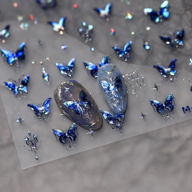 Acrylic Engraved Nail Sticker Holographic Blue Butterfly Desgin Self-Adhesive Nail Transfer Sliders Wraps Manicures Foils Z0769