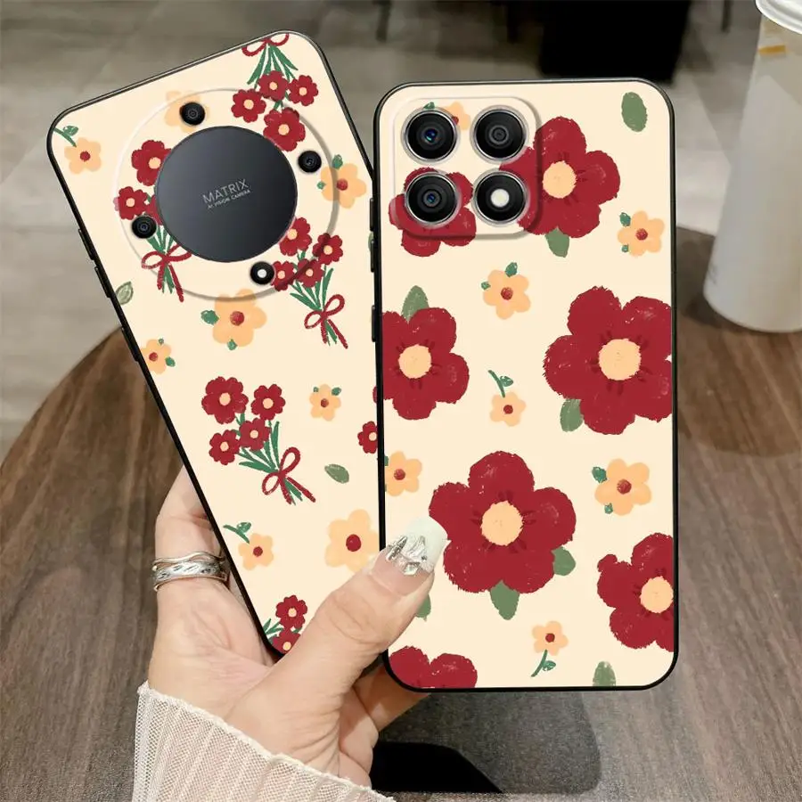 Case for Honor X9a X7a 8X X8 X9c 90 Lite X9 X7 70 Soft Back Phone Cover Beautiful Red Flower