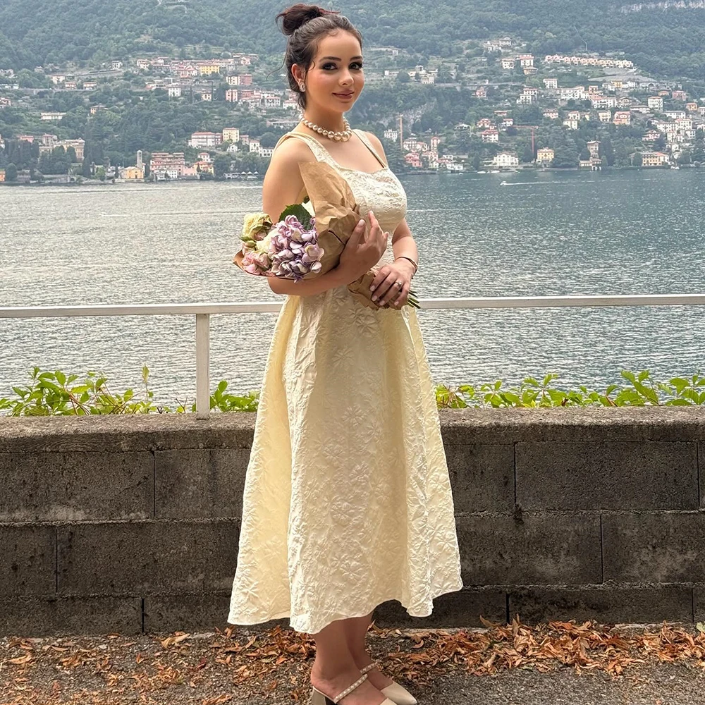 

Женское вечернее платье из джерси с квадратным воротником по индивидуальному заказу, вечернее платье без рукавов на бретельках с бантом, вечернее платье с открытой спиной, платье для выпускного вечера чайной длины