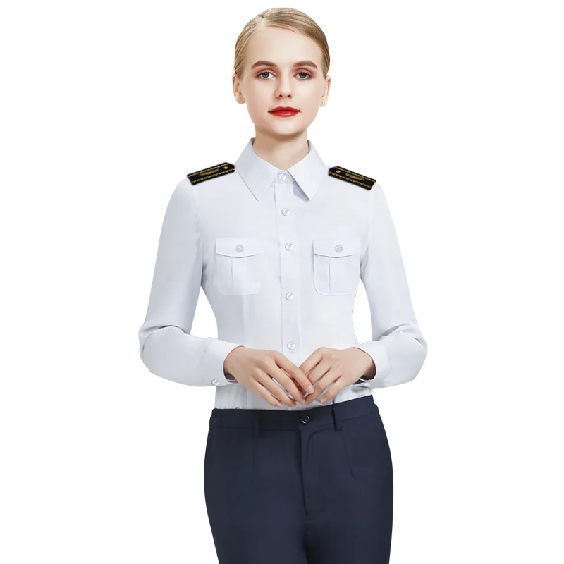 Uniforme de piloto de Capitán de Aviación para mujer, camisa blanca ajustada, insignia de hombro, camisa de trabajo de manga larga, asistente de vuelo