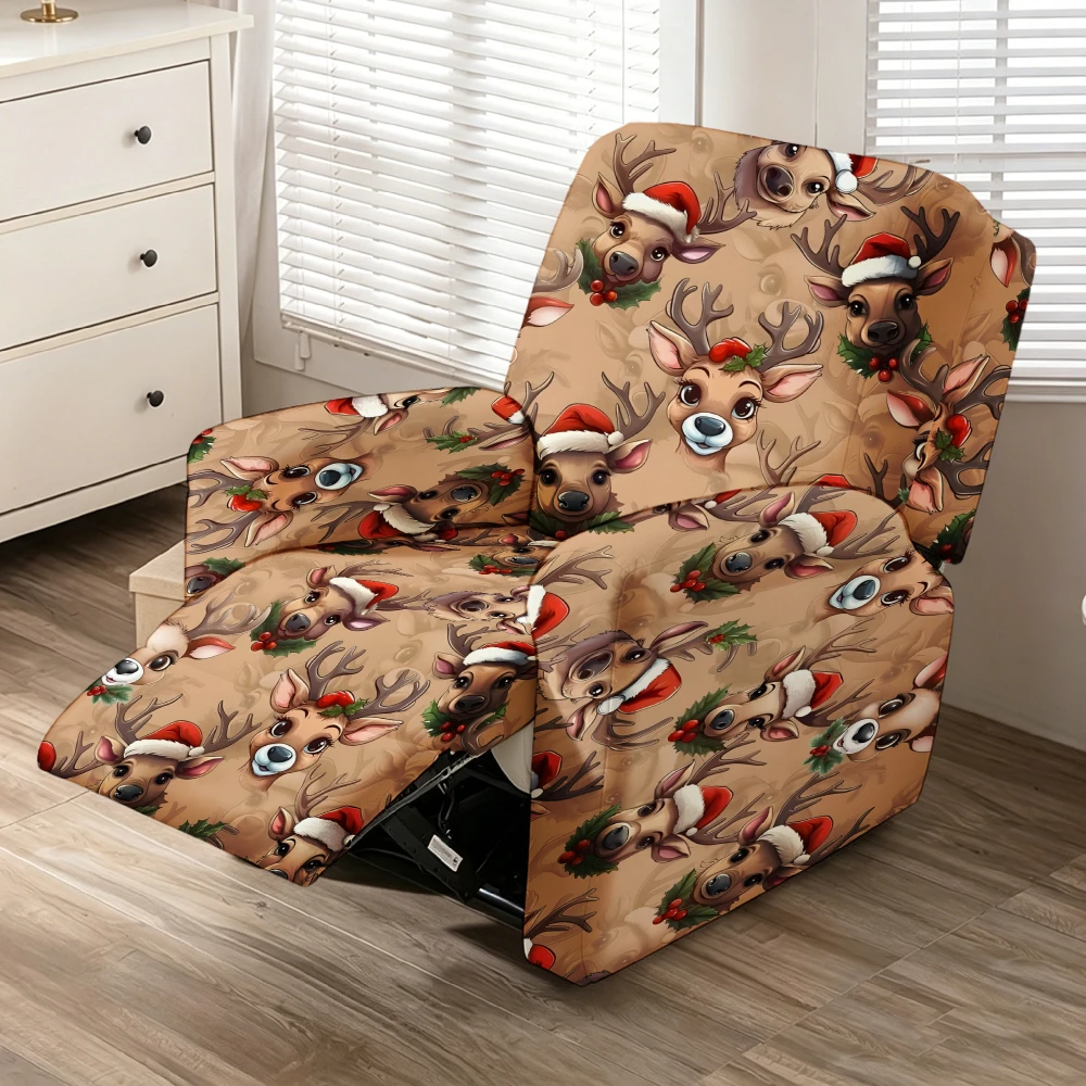 Cartoon Santa Hat Reindeer Holly Recliner Chair Cover Stretch Spandex Recliner Slipcover Rustic Christmas Living Room Decor