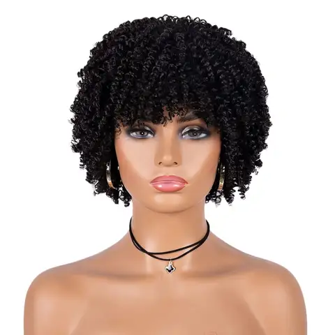 Afro Wig Short Curly Wigs Synthetic Hair Wigs for Black Women, Short Curly Afro Wigs with Bangs Natural Curly Cosplay Party