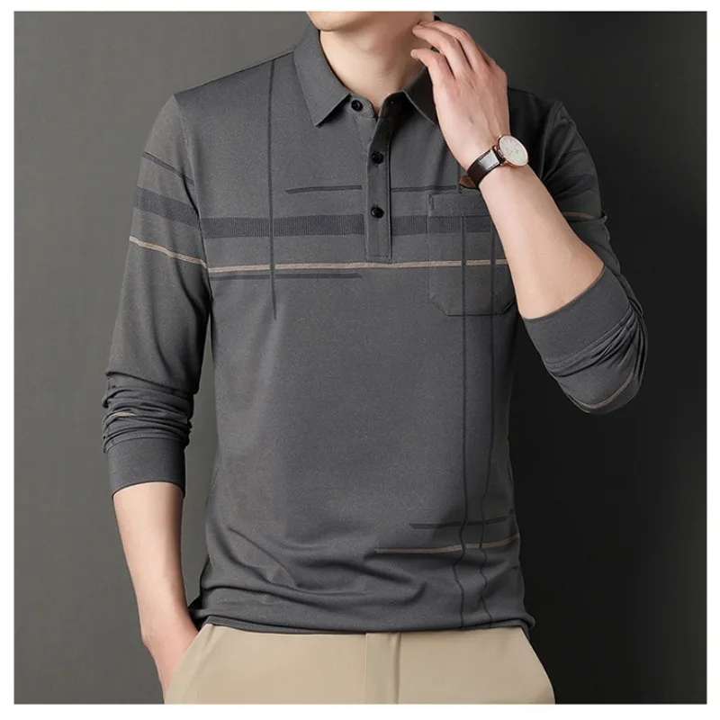 Turn-Down Kraag Lente Herfst Heren Kleding Nieuwe Trui Lange Mouw Casual Polo T-Shirt Mode Strepen Zakken Veelzijdige Top