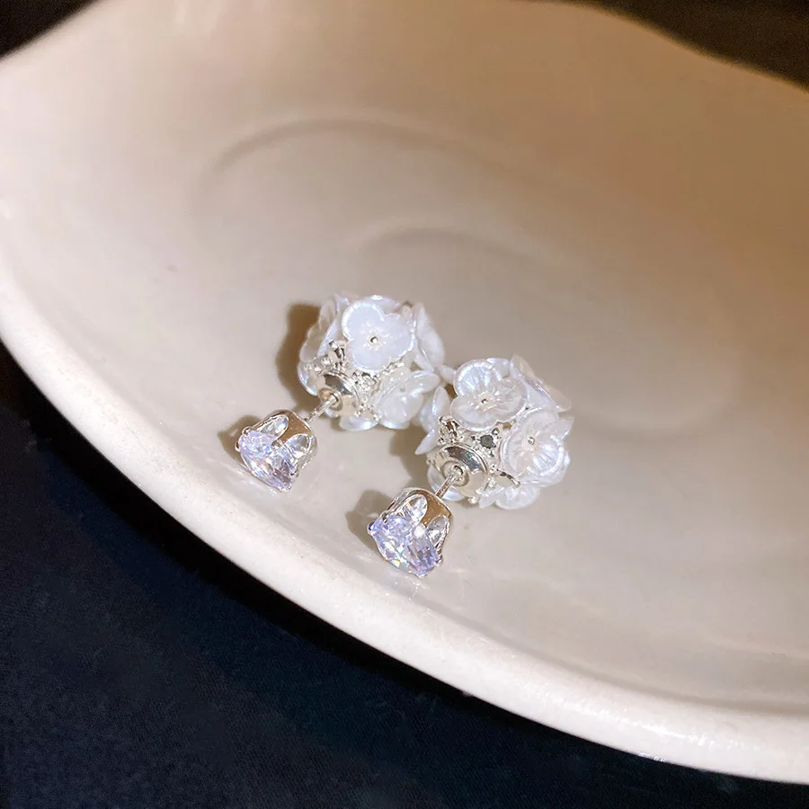 Imitation Pearl Flower Cluster Stud Earrings Front Back Reversible Round Zircon Ear Studs Women Bridal Wedding Daily Jewelry K1