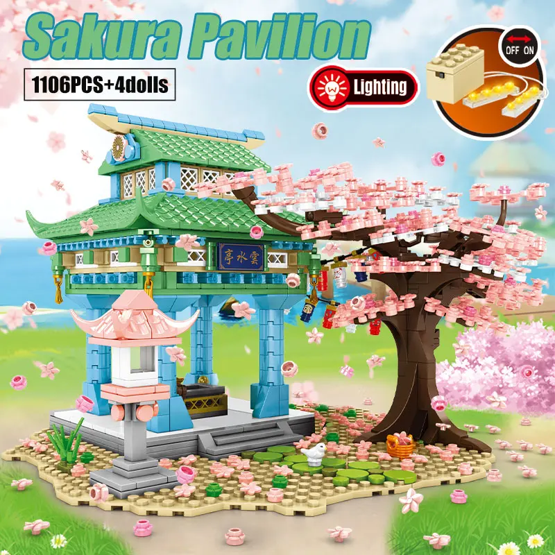 City Street View Sakura Inari hrine Building Blocks Friends Cherry bloom House Tree Construct Brick Toys for Children daughters