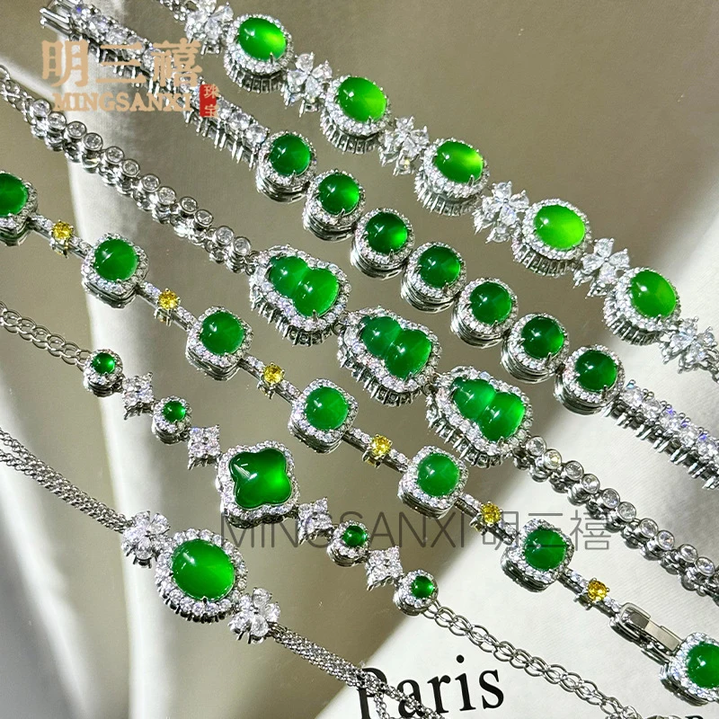 

Wholesale of high-quality silver-plated green chalcedony luxury full-diamond and agate women's jade bracelets