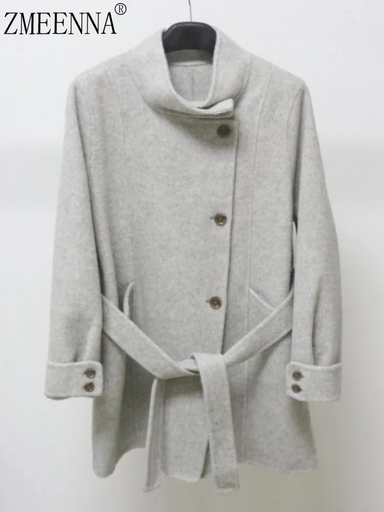 

ZMEENNA Women's Wool Blend Wrap Coat Button Front Removable Belted Waist Stand Collar Elegant Mid-Length Winter Jacket ZM3979