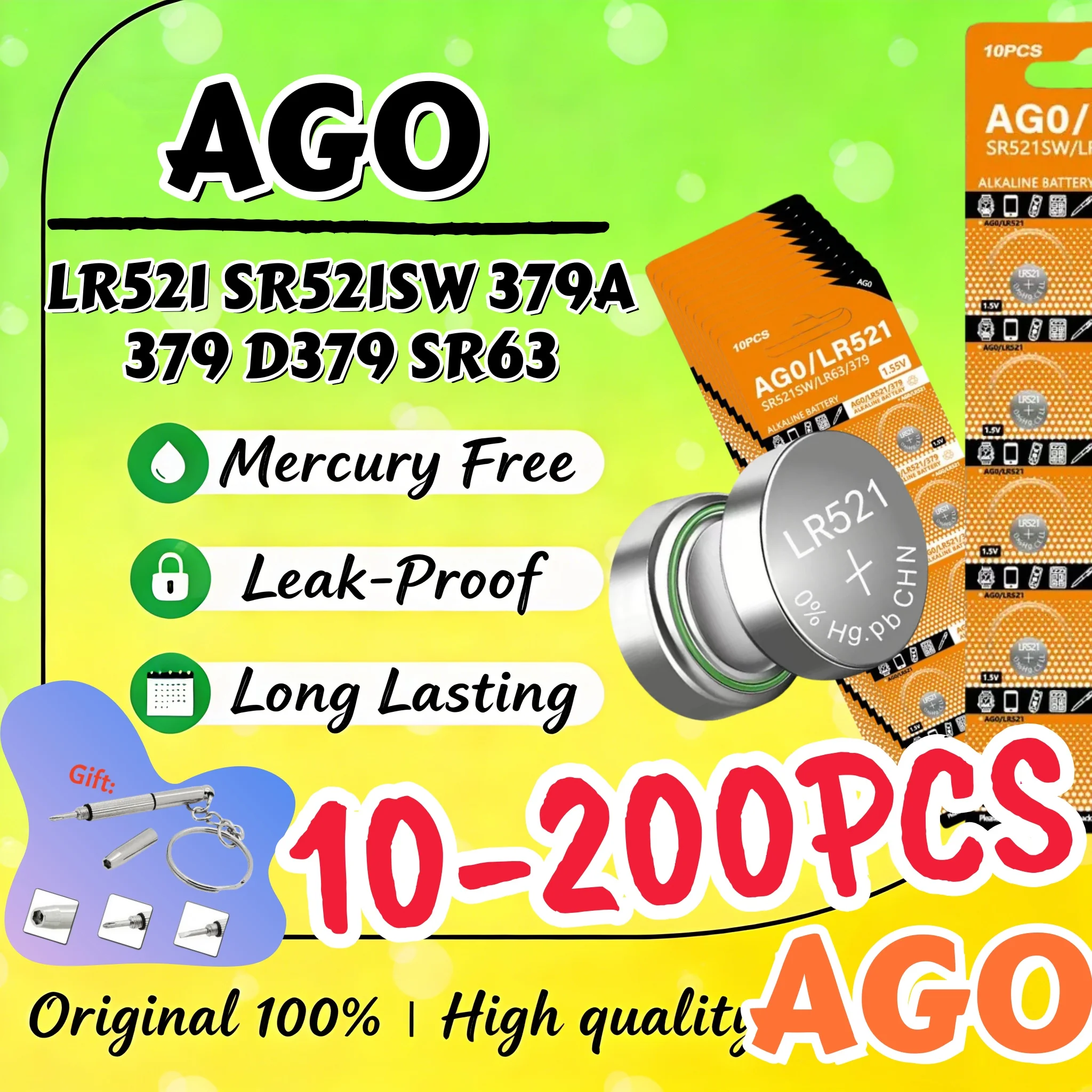 

10-200PCS 1.55V AG0 LR521 Alkaline Button Cell Batteries SR521 LR63 379A SR63 LR69 for Watch Calculators Toys Coin Cell Battery