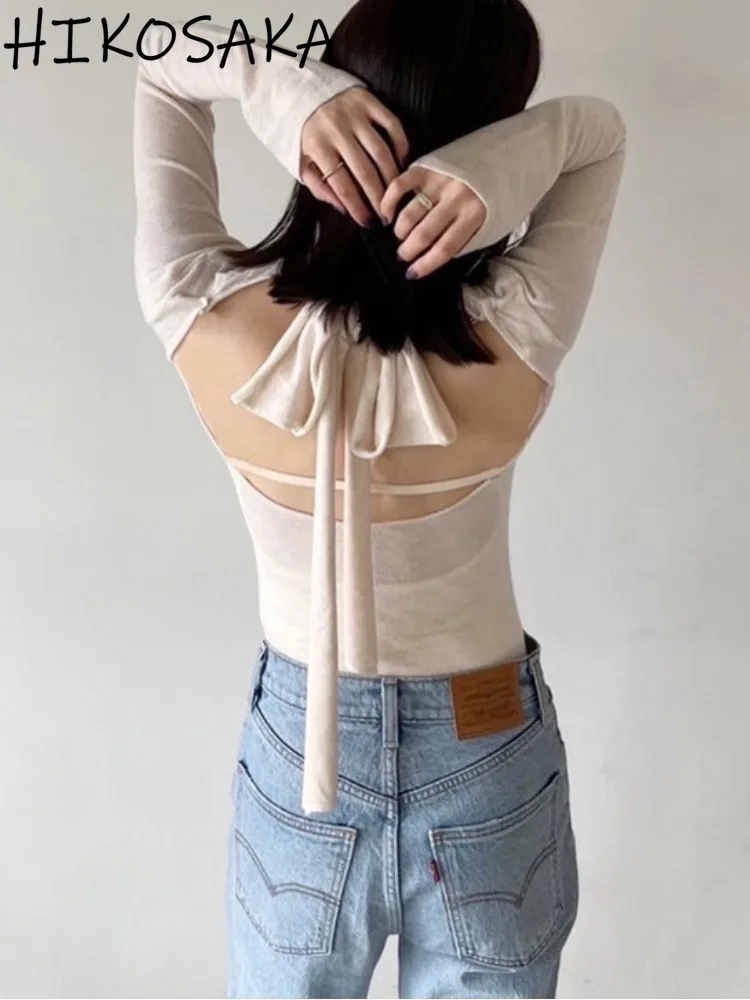 Japan Style Chic Sexy Backless Bow Lace-up Knit Pullovers Solid Slim Fit Long Sleeve Sweet Jumpers 2024 New Spring Women Sweater