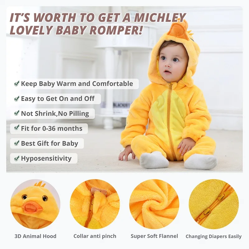 MICHLEY Halloween Costume Infant Baby Clothes Rompers Winter Flannel Hooded Bodysuits Pajamas Animals Overall Jumpsuit For Bebe