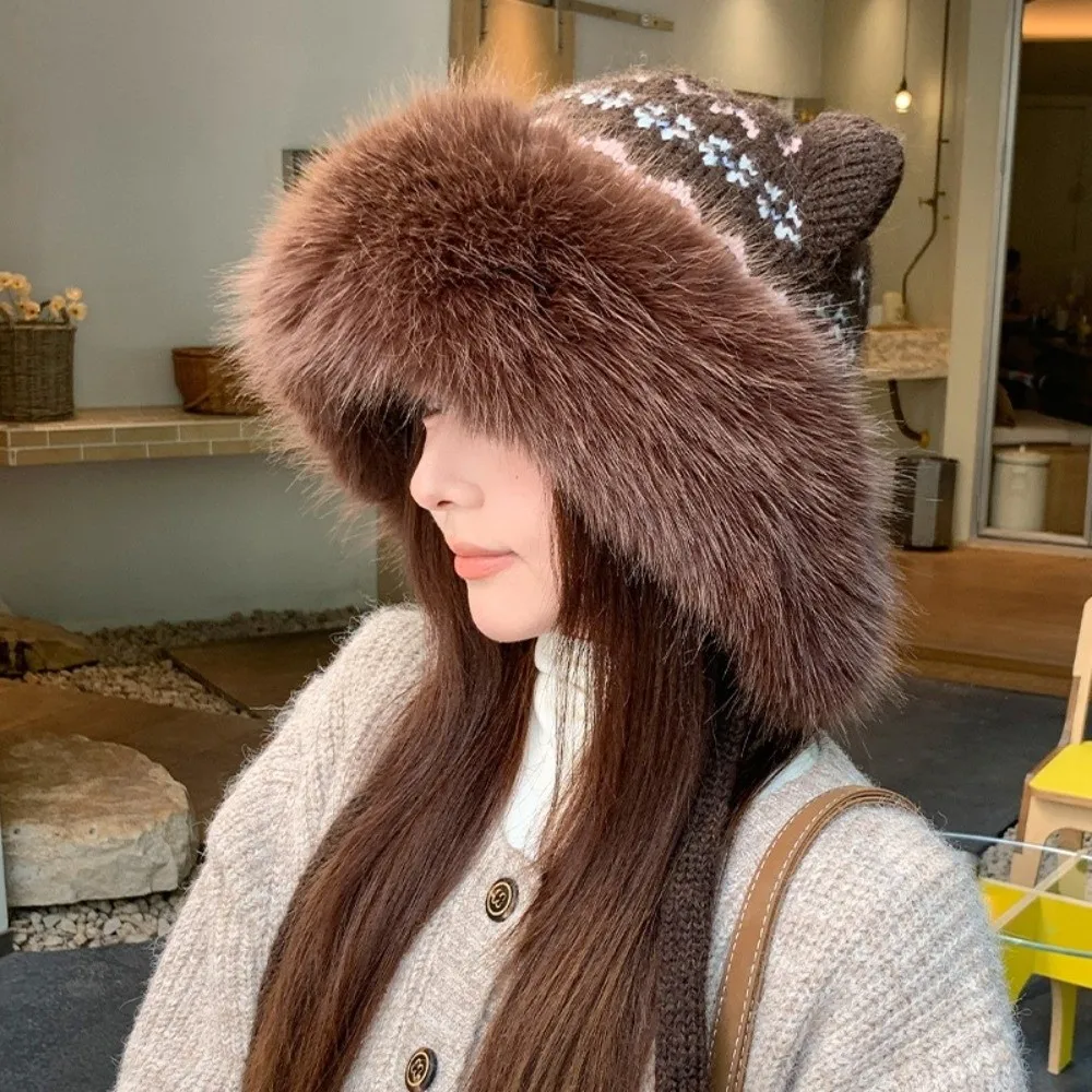 Polyester Thick Knitted Hat Fair Isle Pattern Ear Protection Cat Ears Hat 56cm to 58cm Ear Flaps Winter Warm Hat For Women