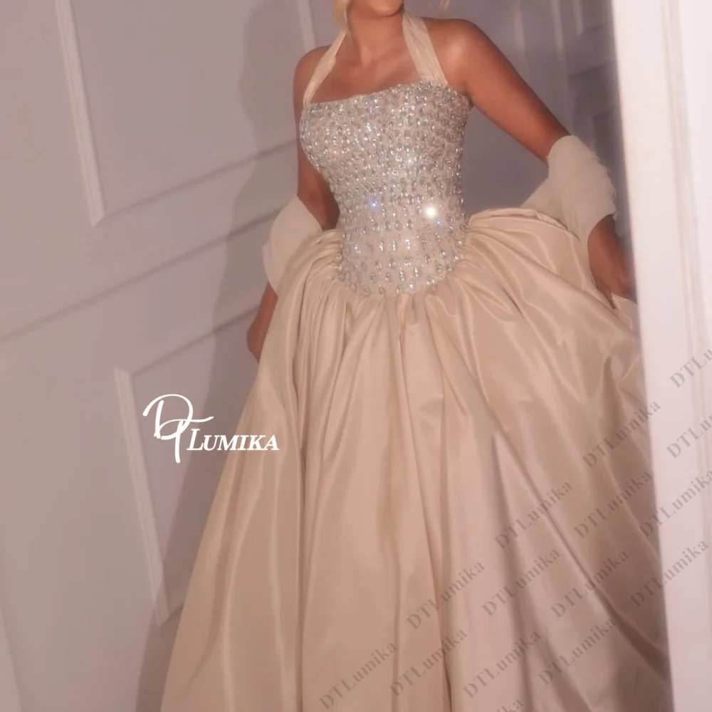 Halter Prom Dress Heavy Beaded Bodice A Line Ball Gown Women Formal Evening Gown Wedding Guest Dress with Matching Sleeves