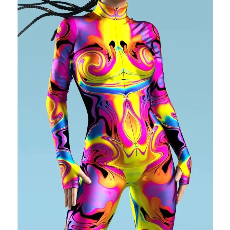Punk Colored Pattern Cosplay Costume Sexy Long Sleeve Zentai Suit Halloween Theme Party Role Playing Bodysuit for Adult Women