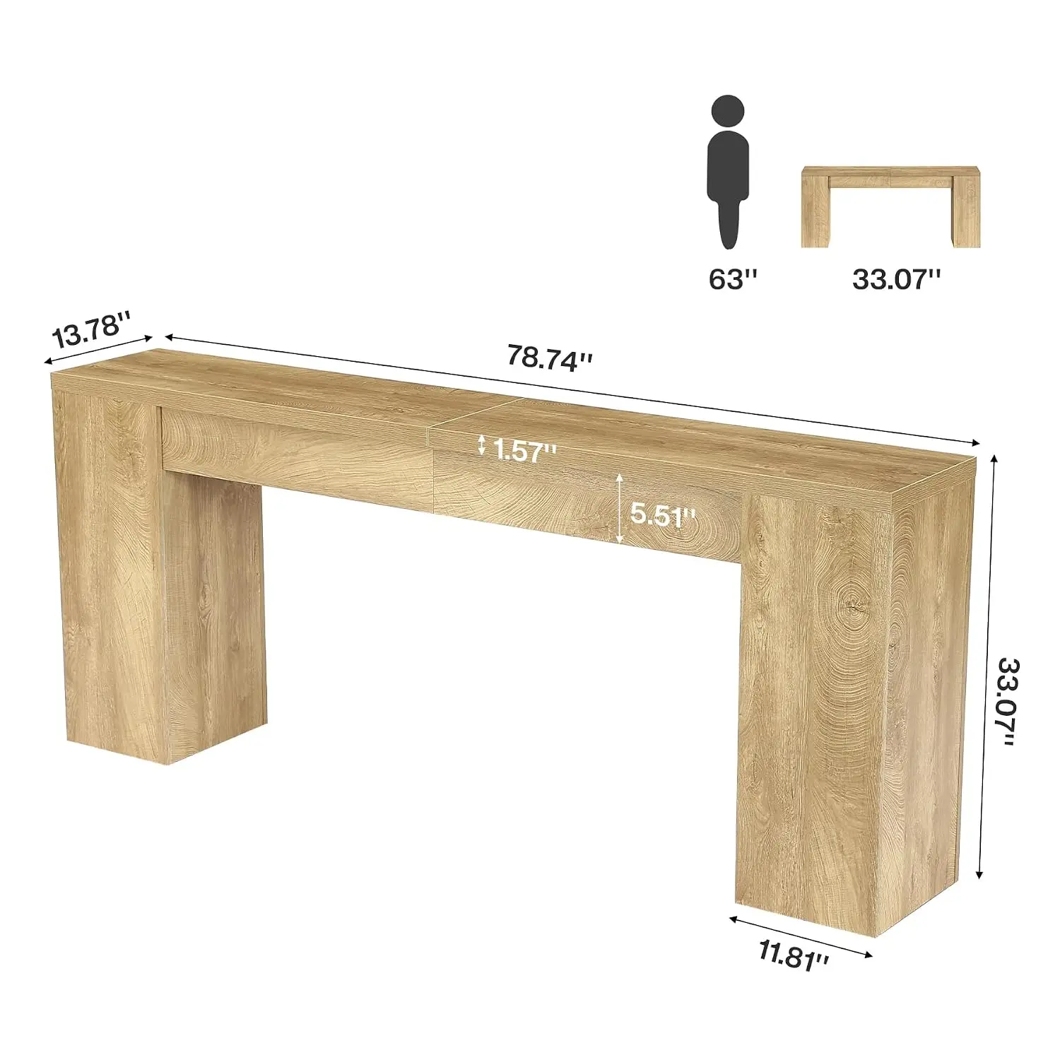 Extra Long Console Table Entryway, Narrow Sofa Table Behind Couch, Farmhouse Entry Table Wooden Double Base, Oak, Customized