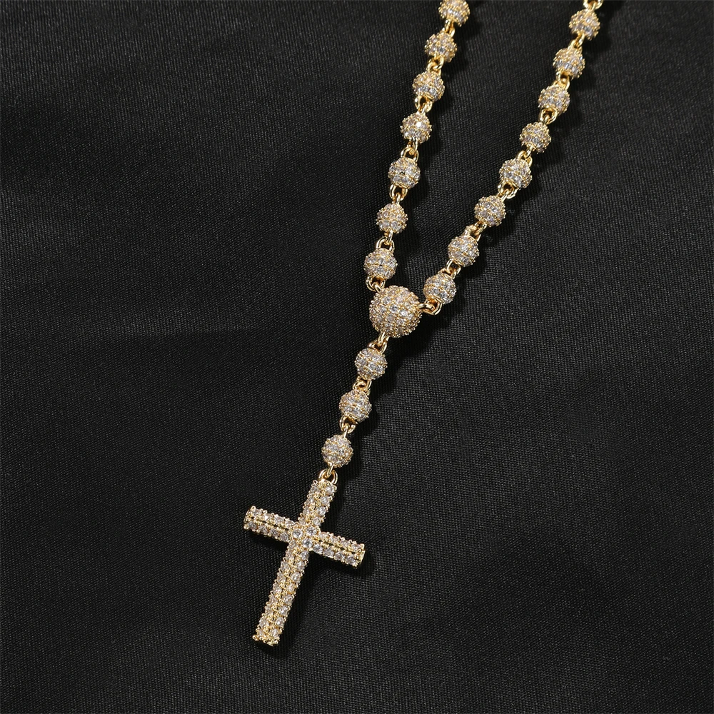

New Hip-Hop 5mm Beaded Chain Zircon Cross Pendant Rosary Choker Unisex Fashion Niche Jewelry
